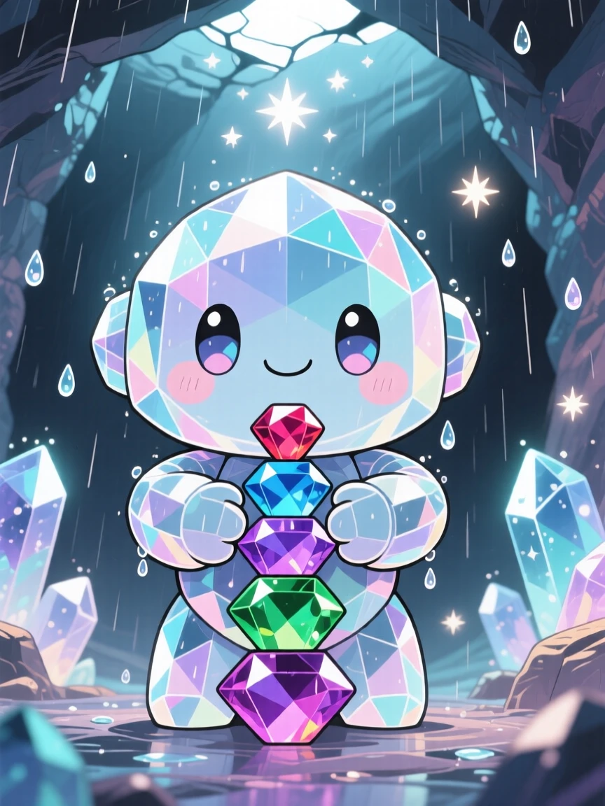 Symmetrical front-on view: a crystal golem, carefully balancing a stack of gemstones, set against a glittering underground cavern during a gentle spring rain shower, with sparkling starlight and a mood of triumphant pride.