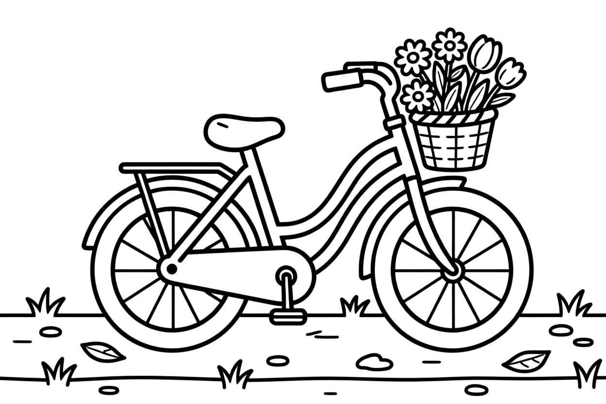 A vintage bicycle with a basket full of flowers
