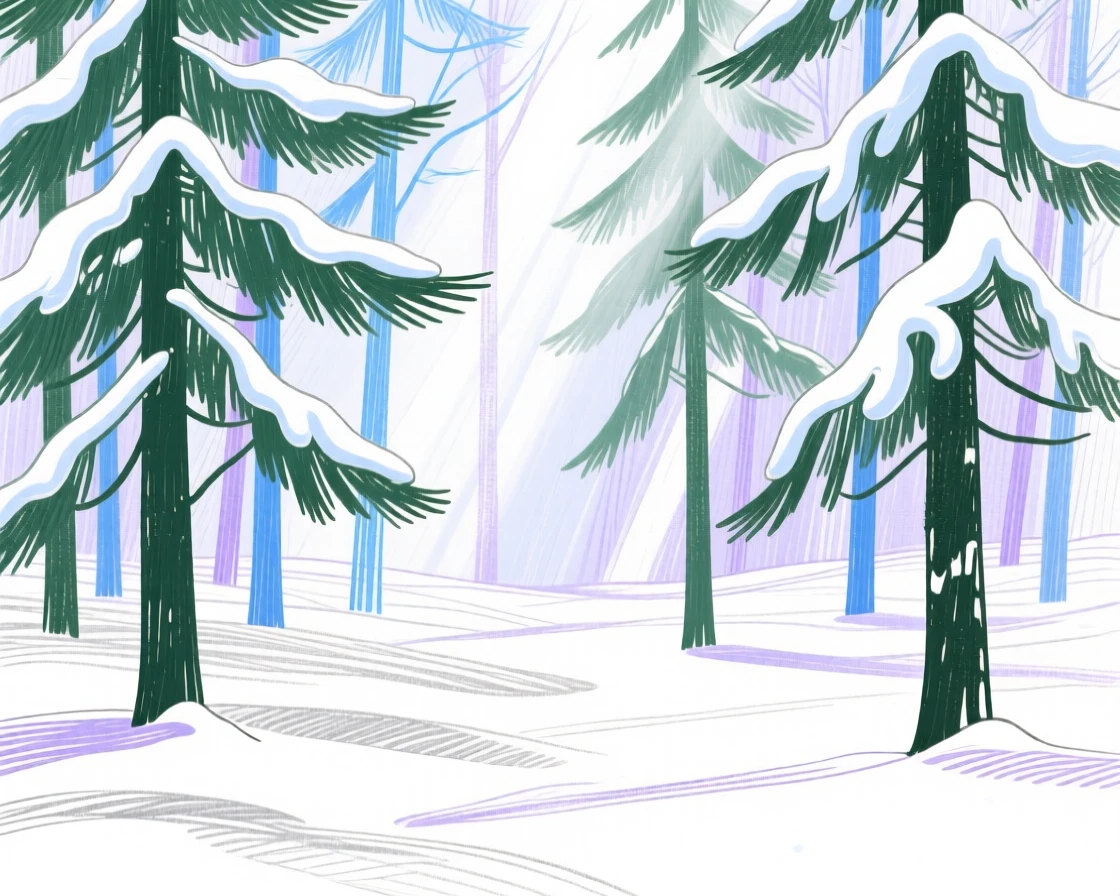 A snowy pine forest lit by soft winter light.