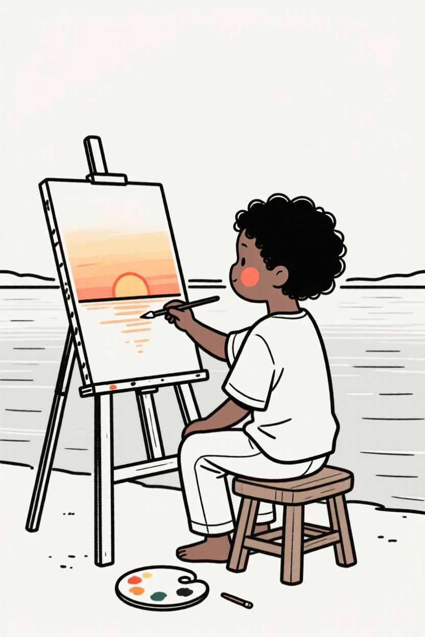 A small child of Nigerian heritage painting a sunset on canvas, beside a calm lake at sunrise.