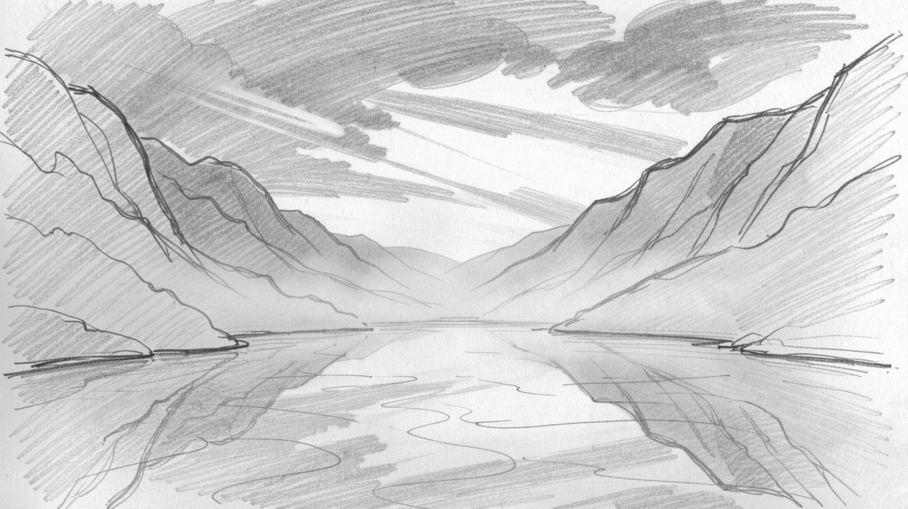 A breathtaking view of a misty mountain valley, under a dramatic sky streaked with color, with reflections mirrored perfectly in still water.