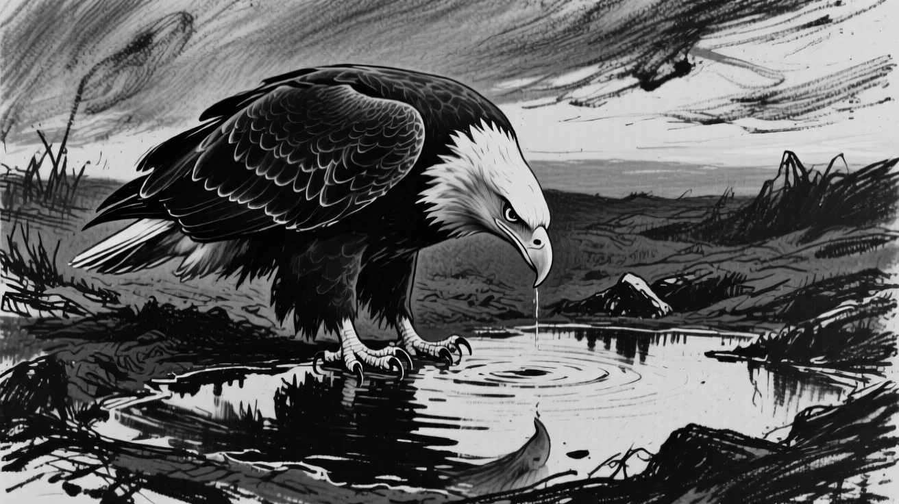 A bald eagle gathered around a watering hole at dusk.