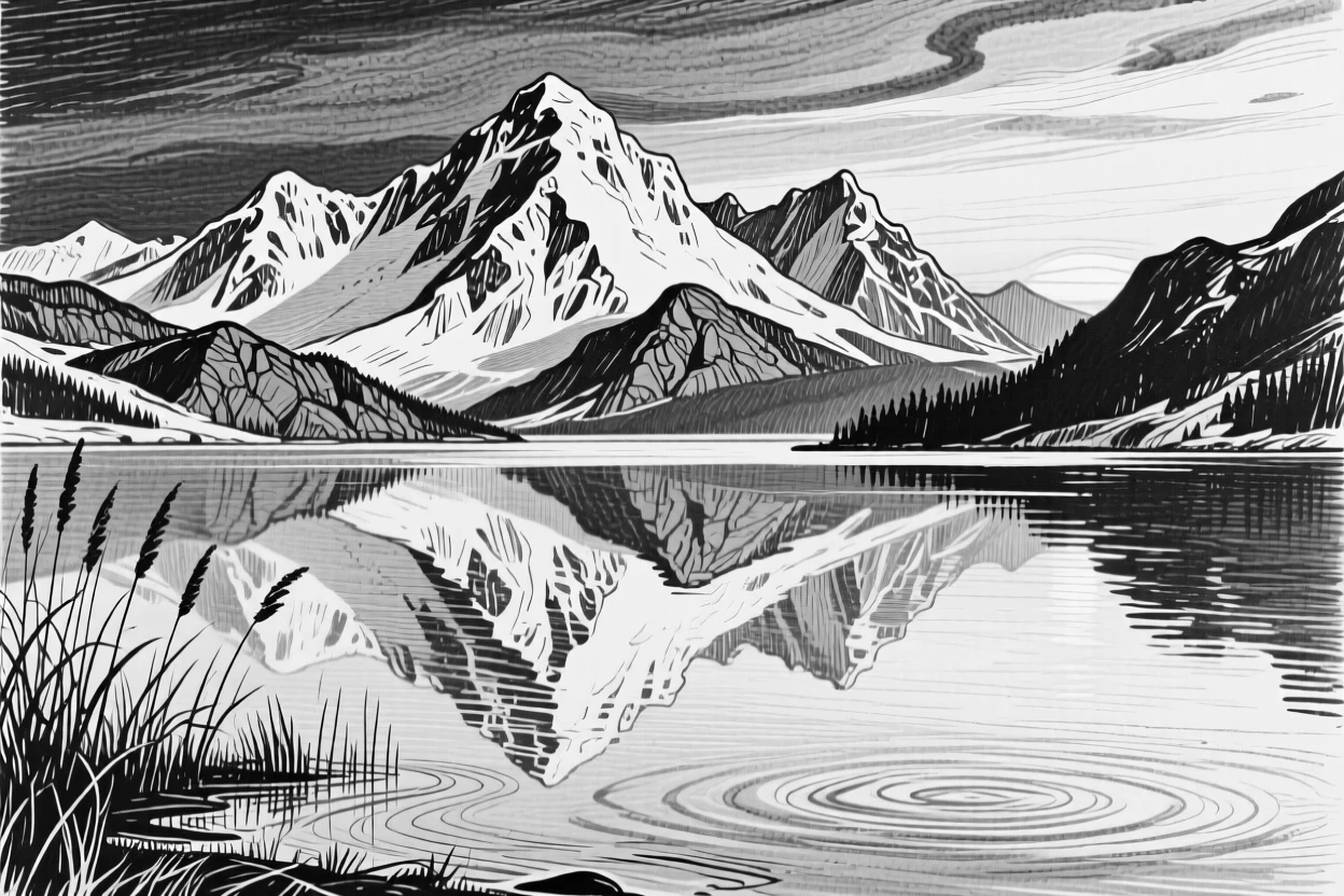 A tranquil lake reflecting snow-capped mountains at sunrise.
