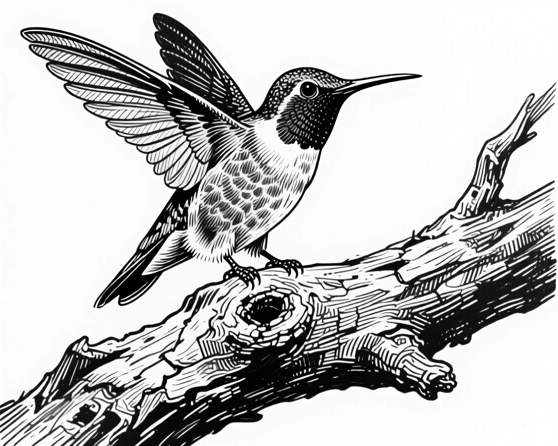 A hummingbird in flight atop a weathered tree branch, feathers fanned in fine detail, capturing a gentle and endearing moment in nature with a strong, centered focal point.