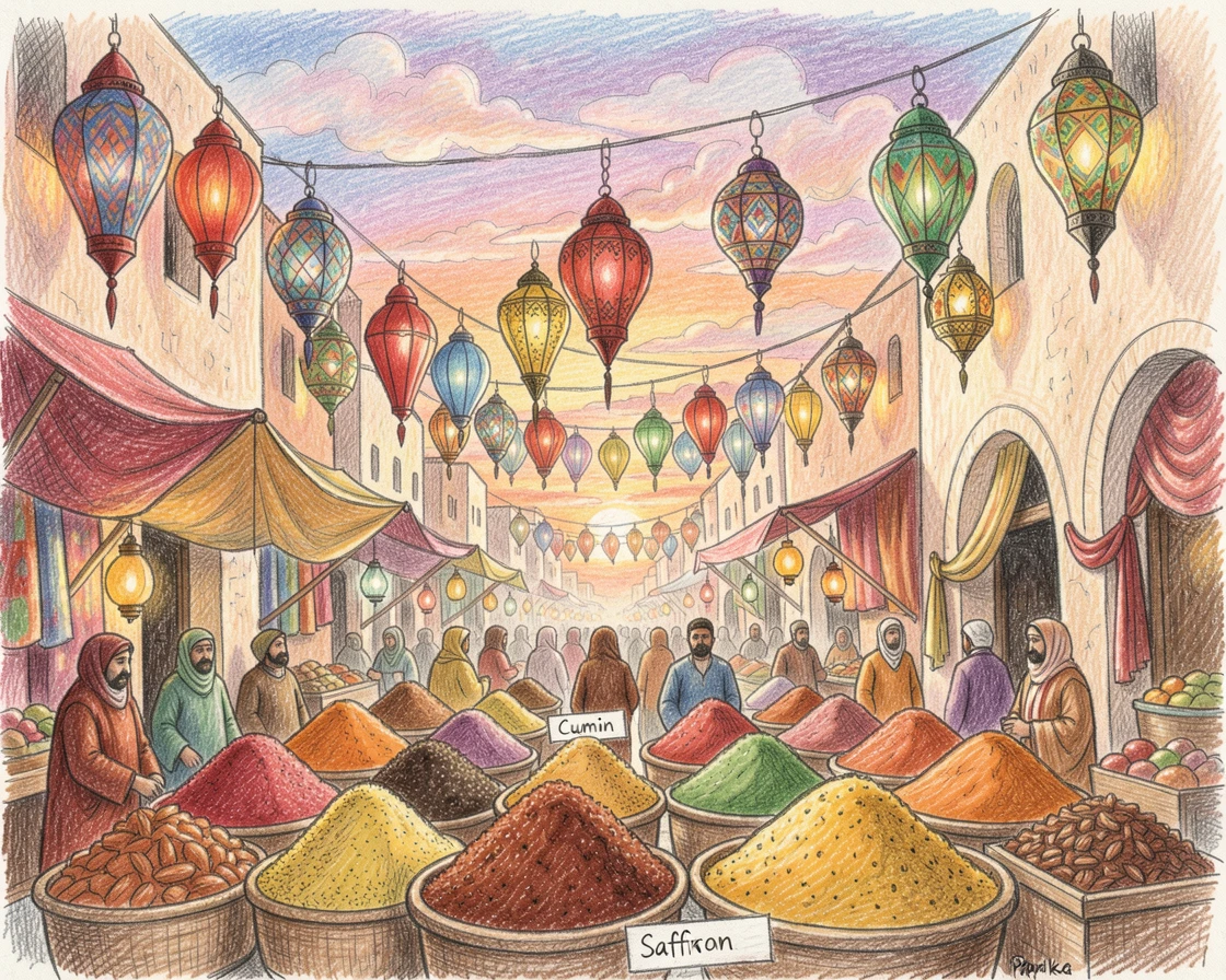 A bustling Moroccan market filled with colorful lanterns and spices, with soft clouds drifting across a colorful sky, evoking wanderlust and the magic of far-off places.