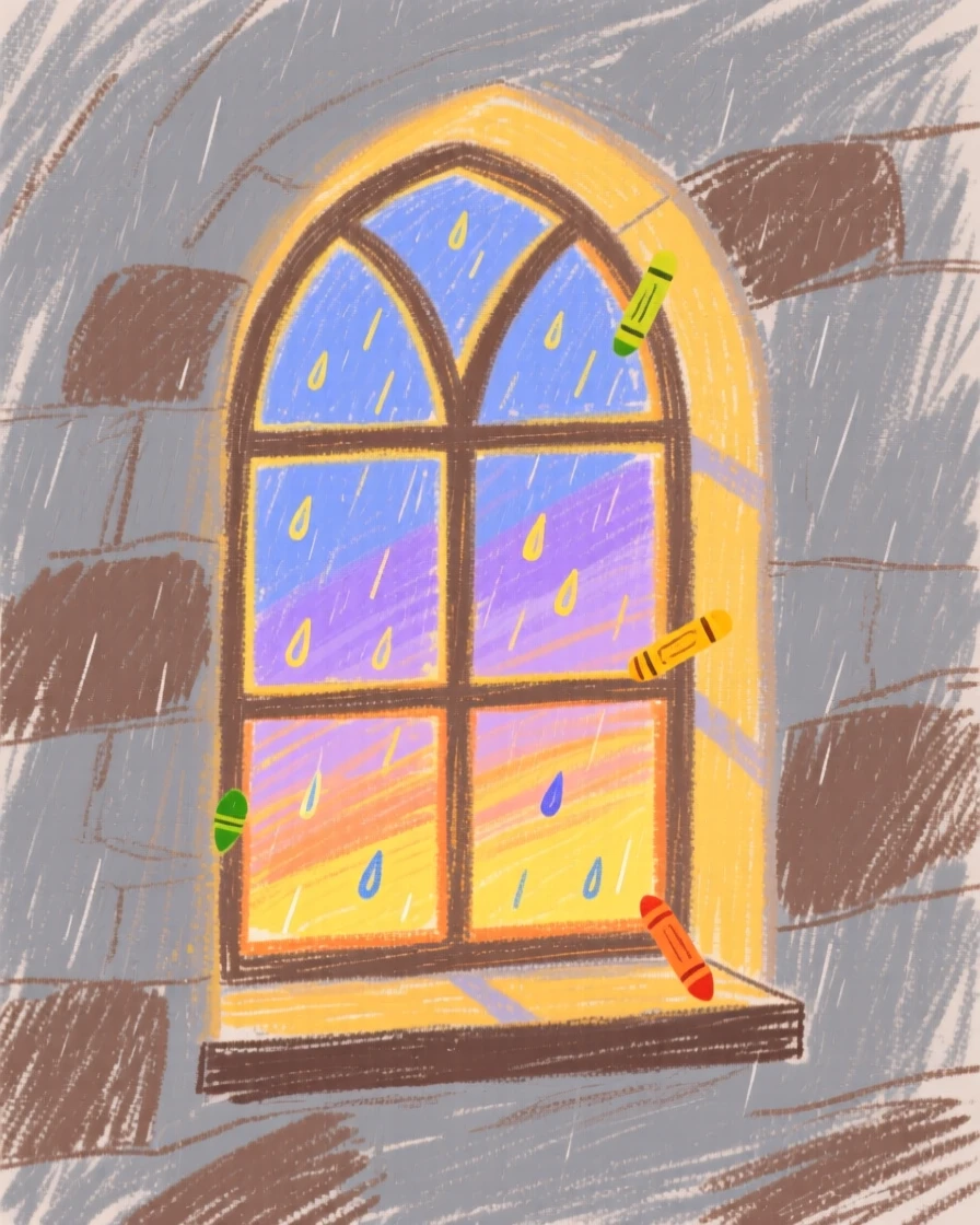 A view of a quiet chapel window glowing at dusk as gentle rain begins to fall.