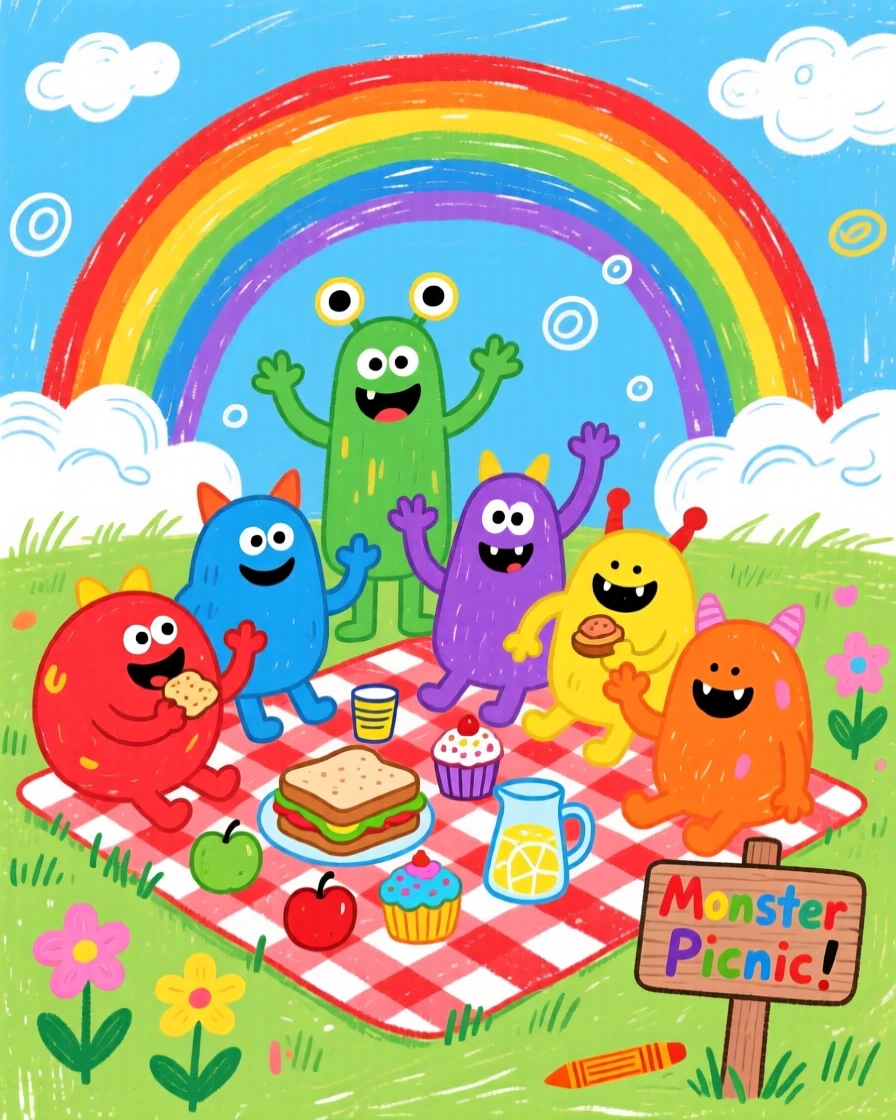 A group of colorful monsters having a picnic under a rainbow.