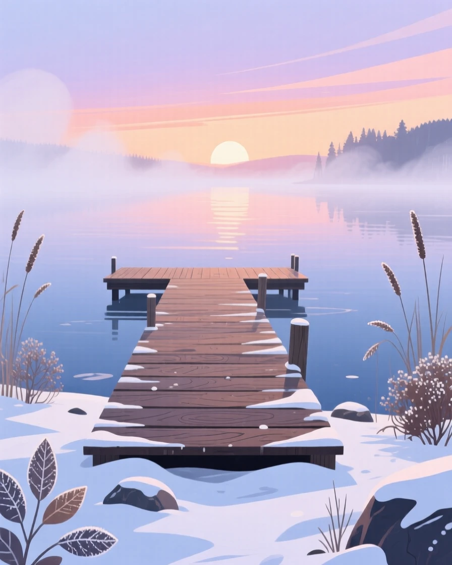 A quiet lakeside dock at sunrise with mist rising off the water, surrounded by a light dusting of fresh snow, captured from a low vantage point to emphasize scale, with delicate textures visible in every leaf and petal.