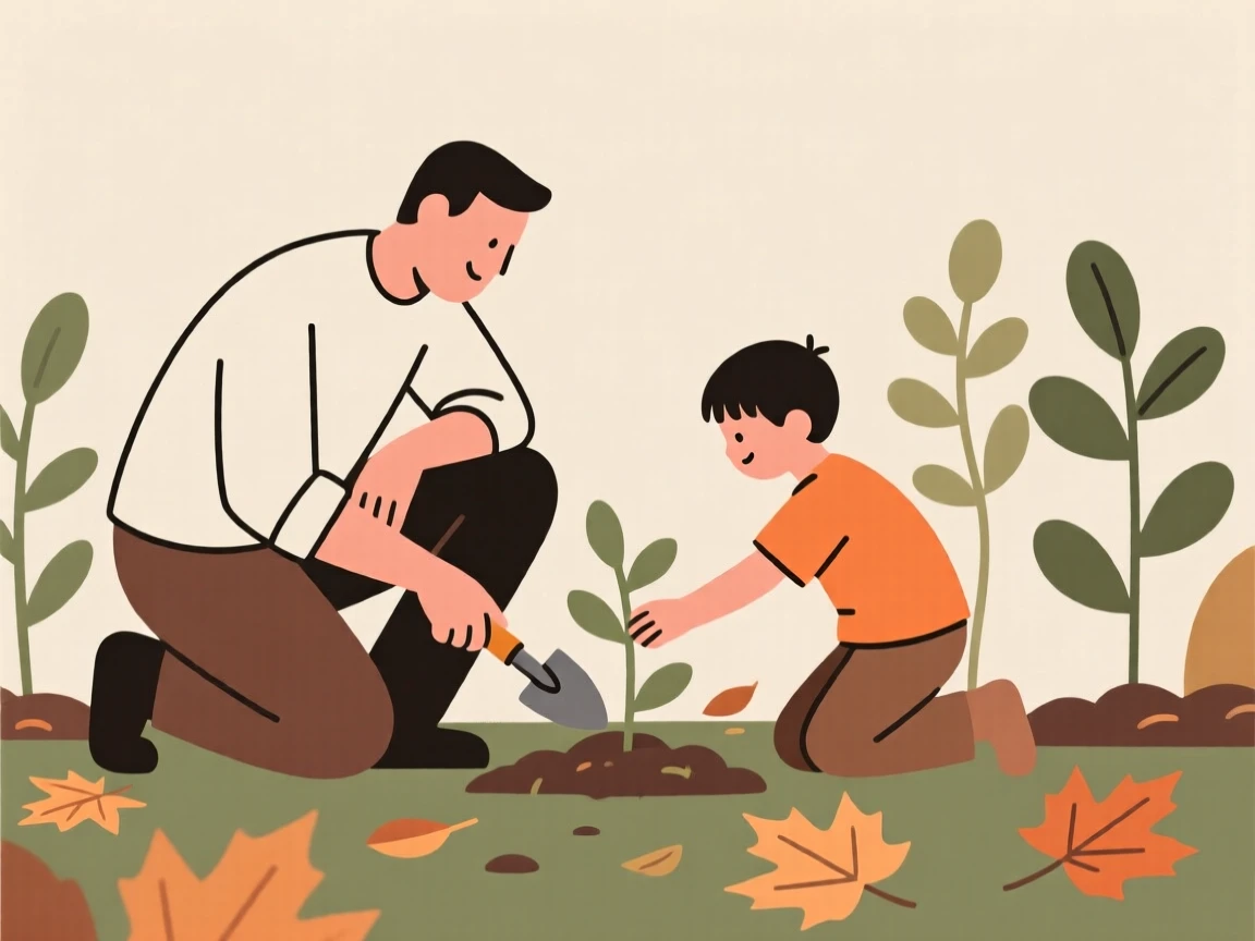 A portrait of a father and son tending to a garden near scattered autumn leaves, filled with nostalgic comfort.