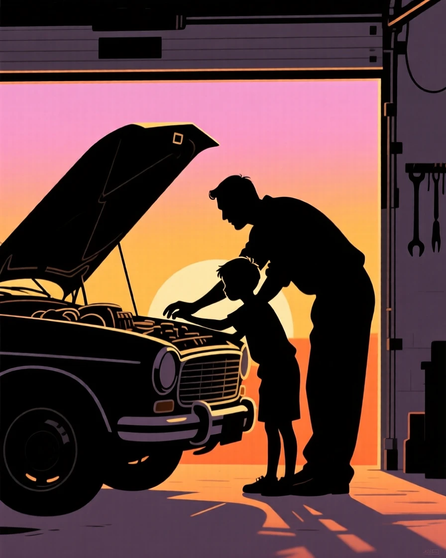 A father and son fixing an old car together in a garage, both leaning over the open hood.