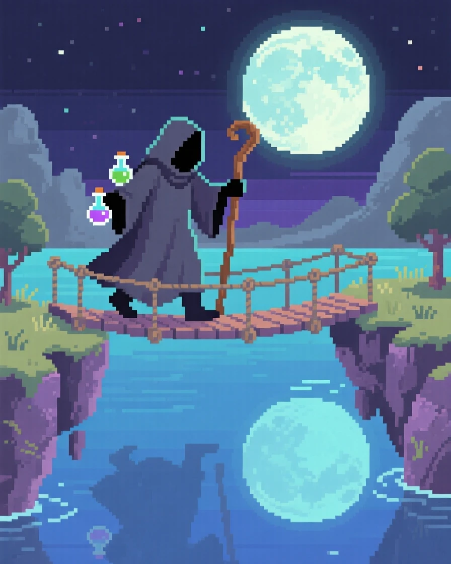 A cloaked alchemist mixing potions crossing a rope bridge between floating islands, beside a lake reflecting two moons.