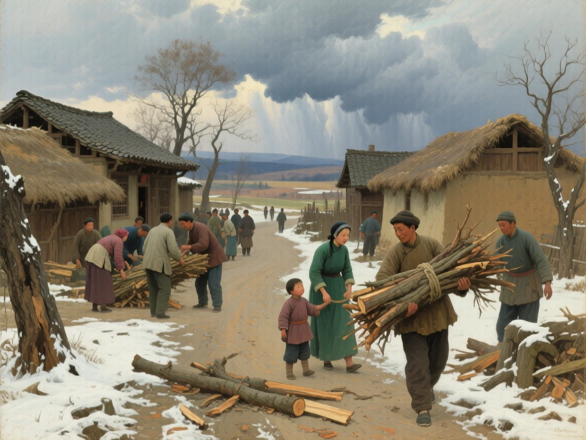 A wide establishing shot of villagers gathering firewood before an approaching winter storm, in rural China, in the 1920s.