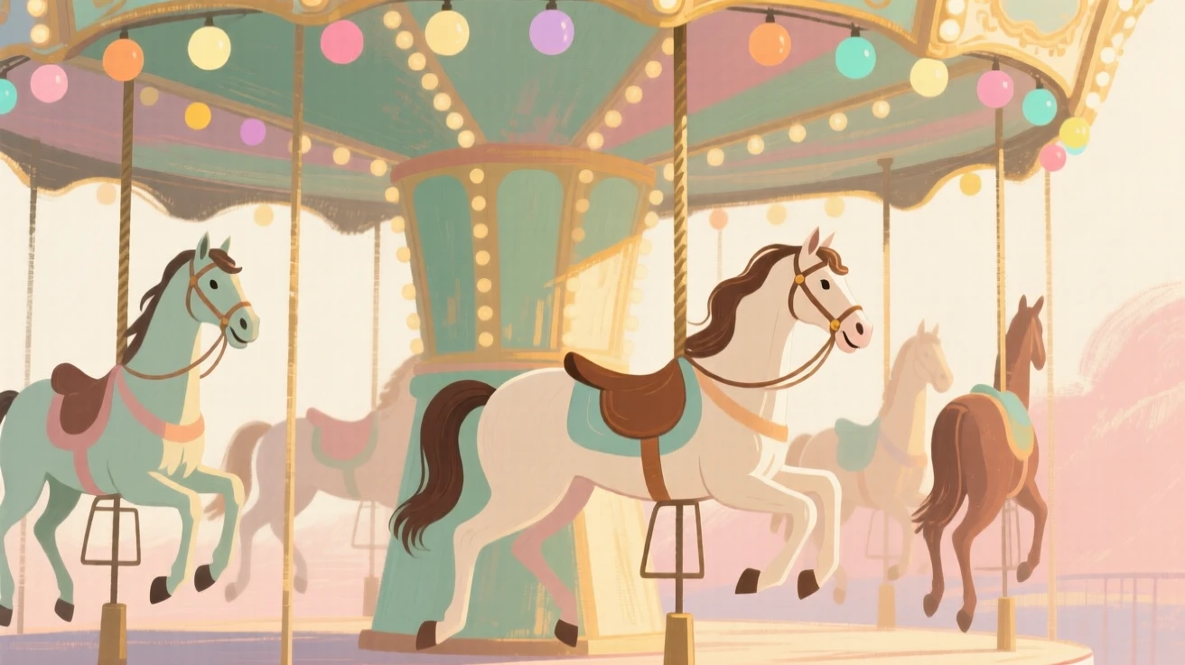 A carousel with hand-painted horses turning beneath colorful lights