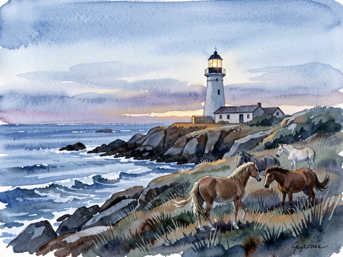 A coastal lighthouse on a rocky point in the blue light of dusk with wild horses grazing nearby.
