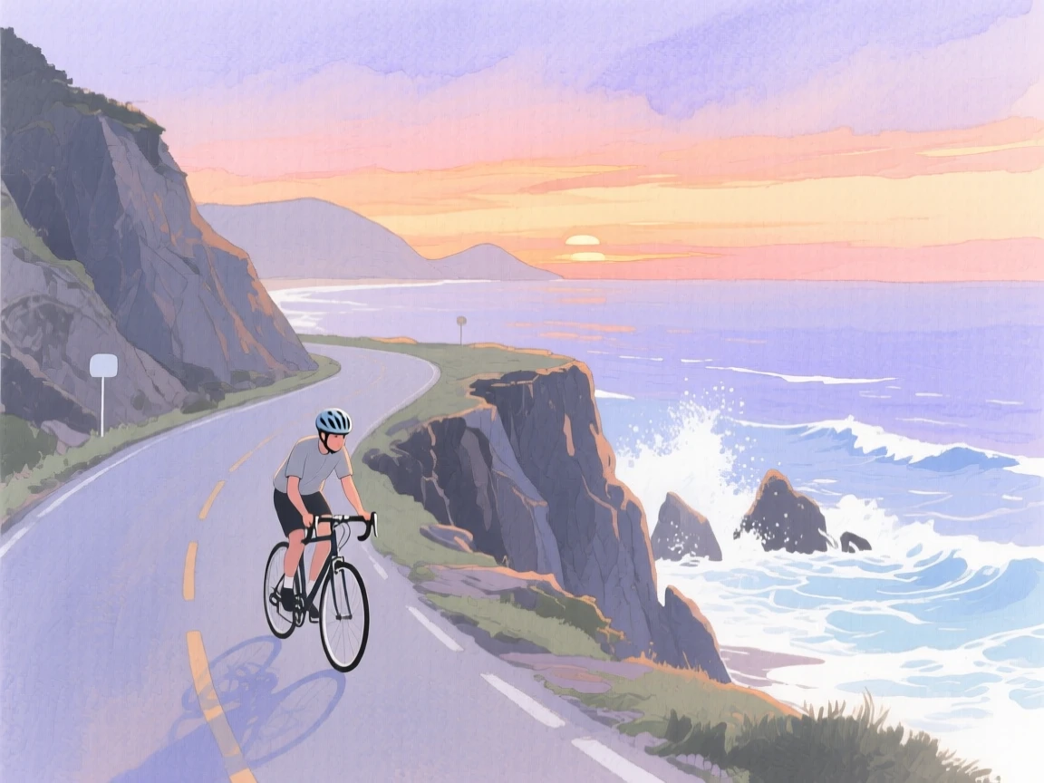 A cyclist pedals along a coastal road at sunset, ocean waves crashing against cliffs beside the winding path