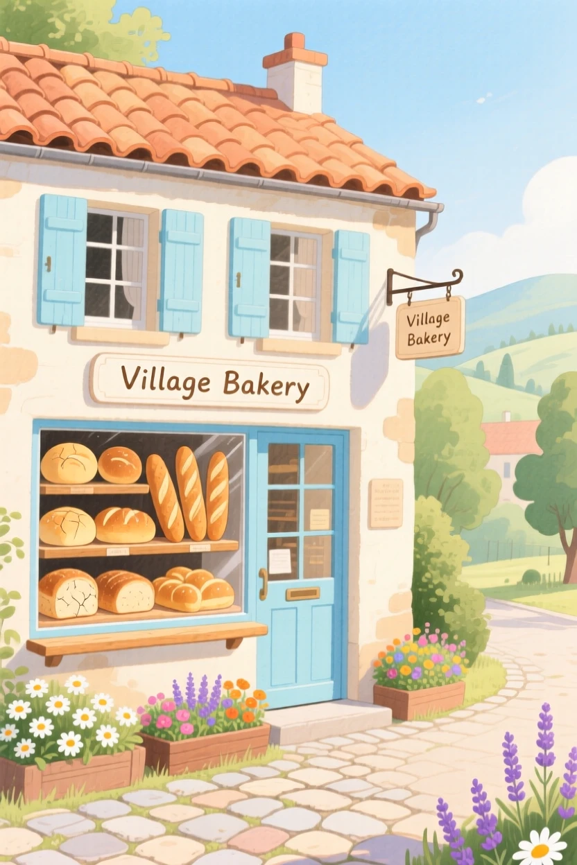 A peaceful view of a small village bakery with bread in the window.