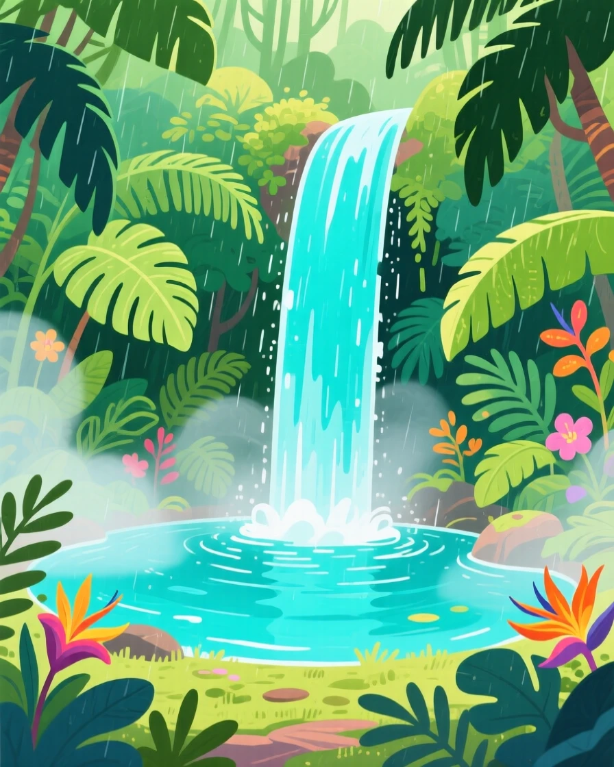 A turquoise waterfall cascading into a rainforest pool, with gentle mist rolling low across the ground, radiating natural splendor and tranquility.