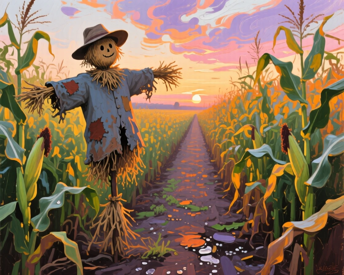 a scarecrow among tall corn, at sunrise, composed along a natural leading line.