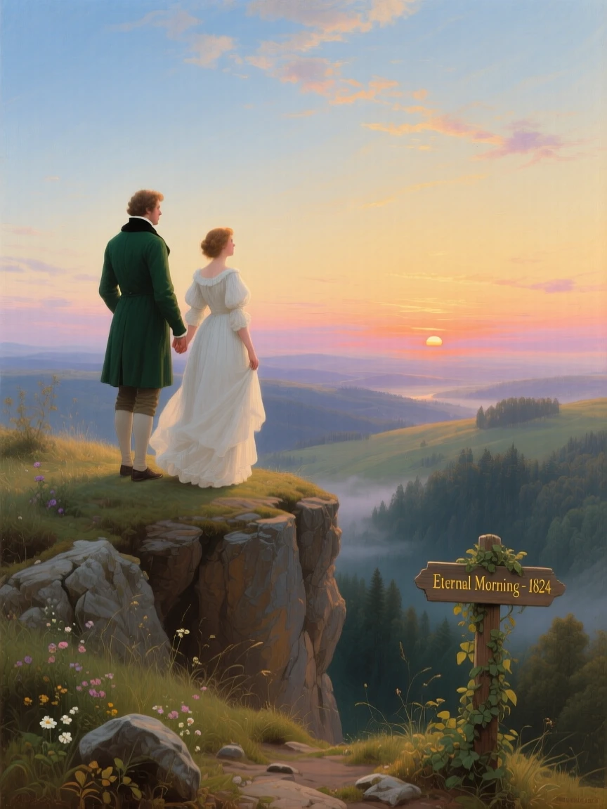 A couple watches the sunrise together from a quiet clifftop.