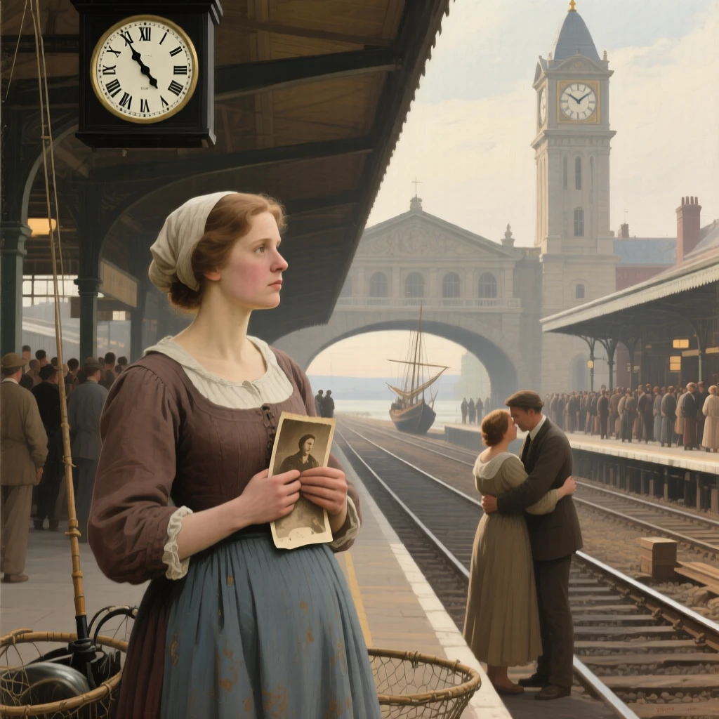 A fisherman's wife scanning the horizon for a returning boat in a gesture that speaks louder than words, set at a crowded railway platform beneath a clock tower, with a faded photograph clutched tightly to a chest; converging paths in the background lead directly to the embracing pair, filled with gratitude, humility, and human warmth.