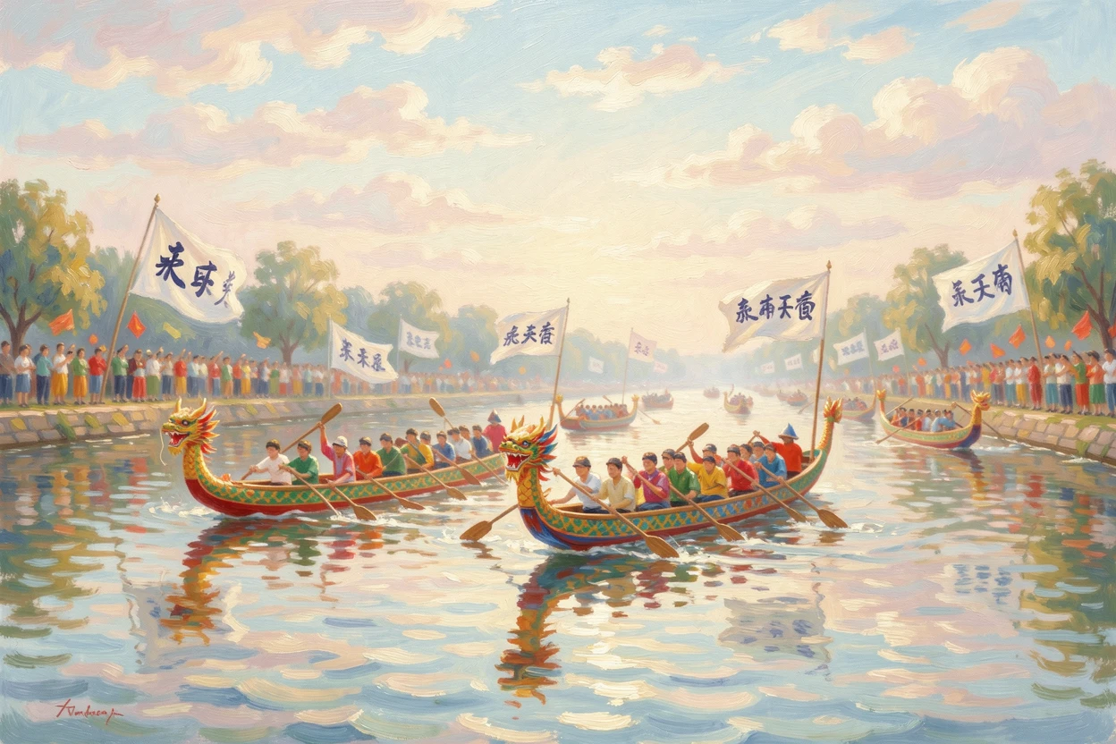 A traditional dragon boat festival on a river in southern China, colorful boats racing past cheering crowds.