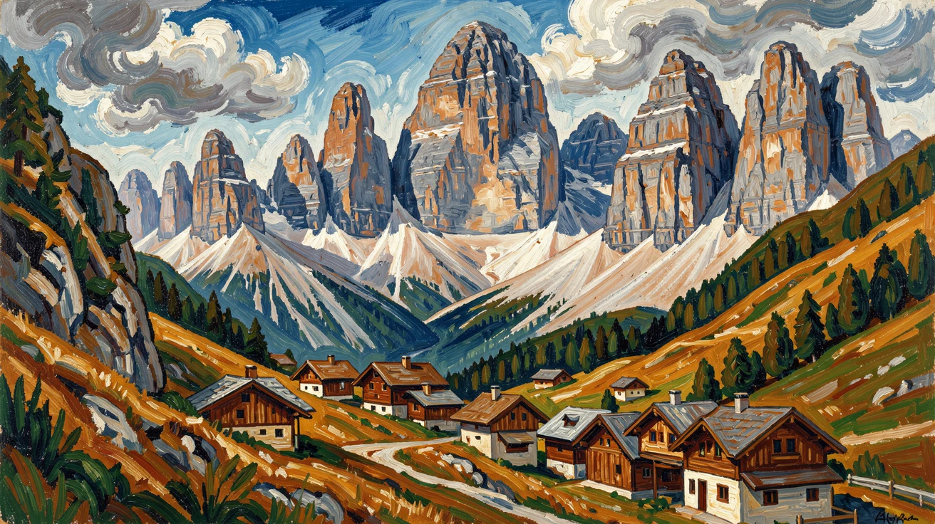A hillside village in the Dolomites, wooden houses scattered beneath jagged limestone peaks.