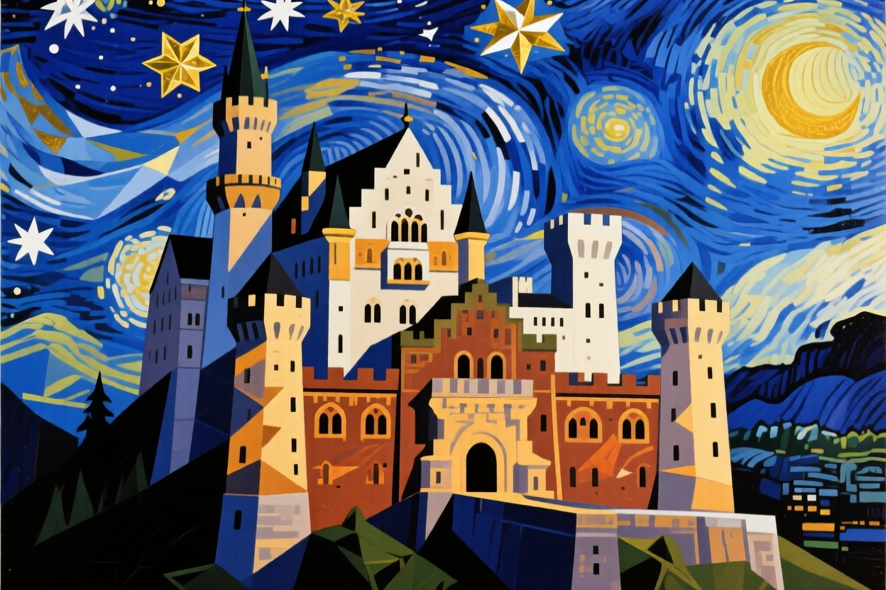 A breathtaking view of Neuschwanstein Castle, illuminated beneath a starry night sky.