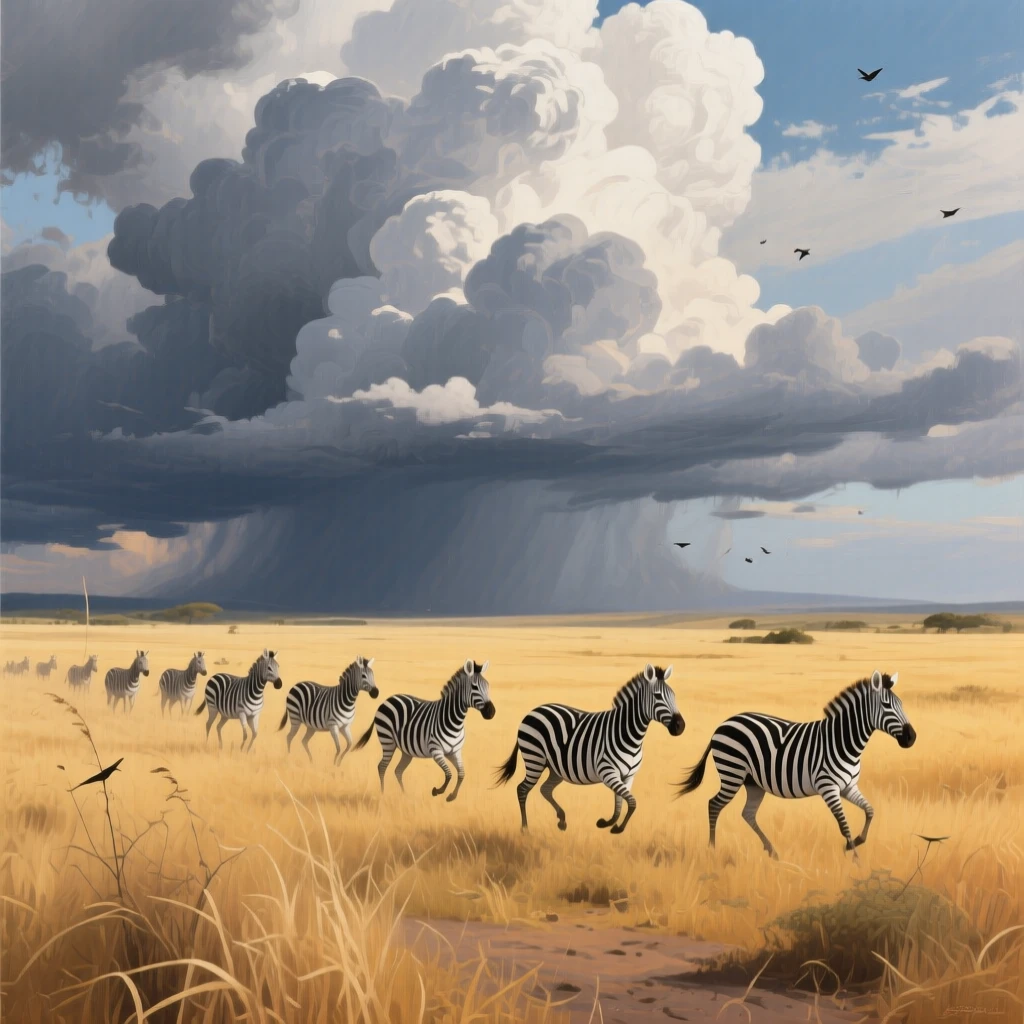 A dramatic sky filled with towering cumulonimbus clouds builds over the African savanna, a herd of zebras running across the golden grassland below, the whole scene holding a quiet, unhurried stillness broken only by distant natural sounds.