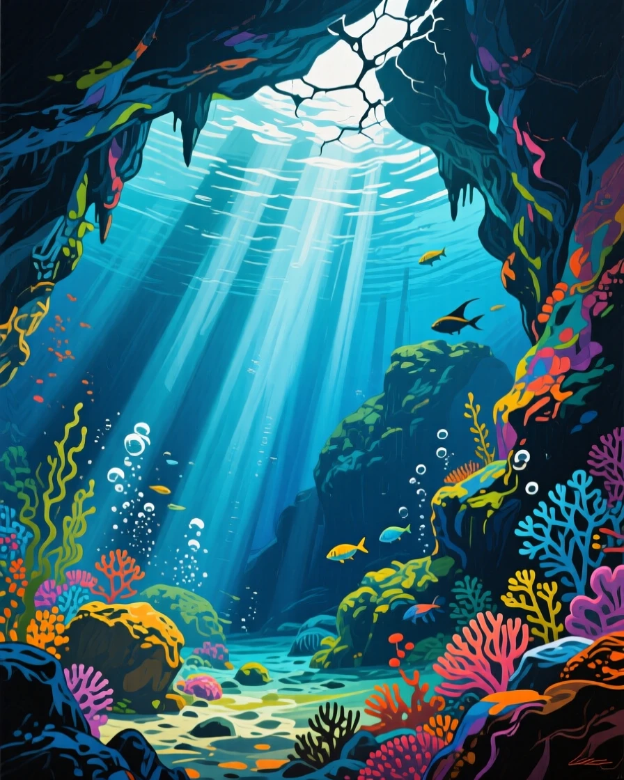 A dramatic underwater cave illuminated by shafts of sunlight piercing through cracks above