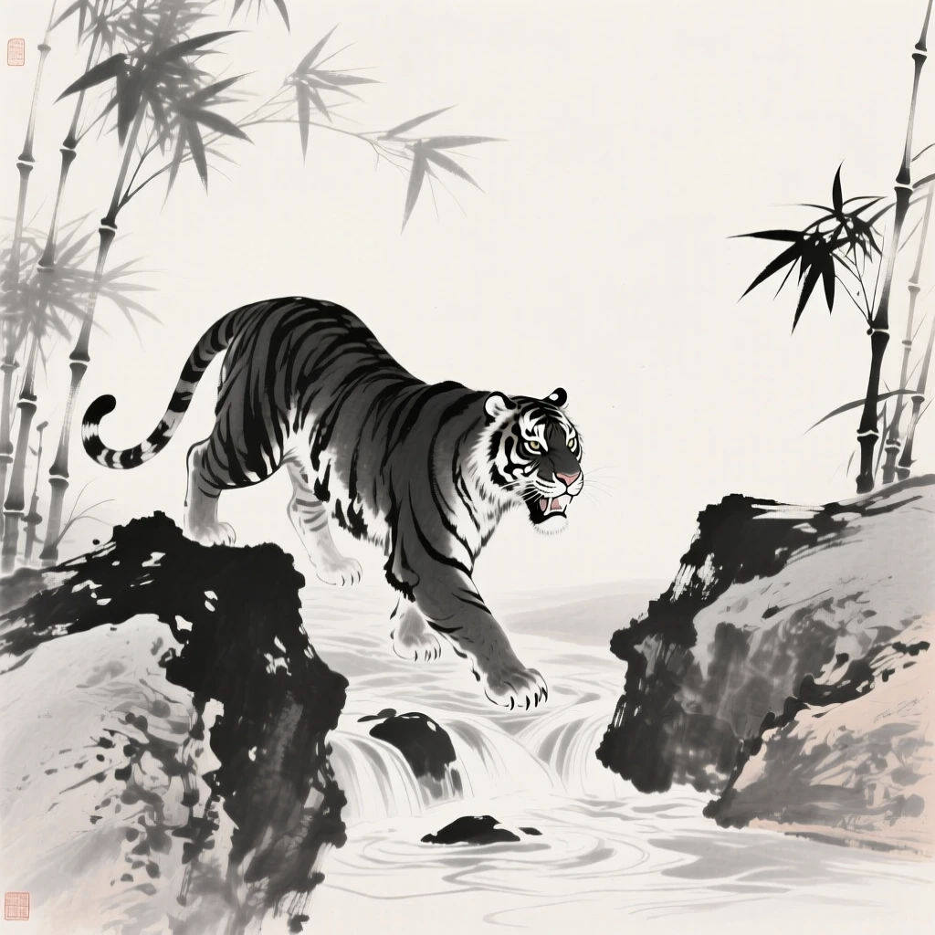 A tiger crosses a shallow stream between two boulders, with bamboo leaves rustling in the wind nearby.