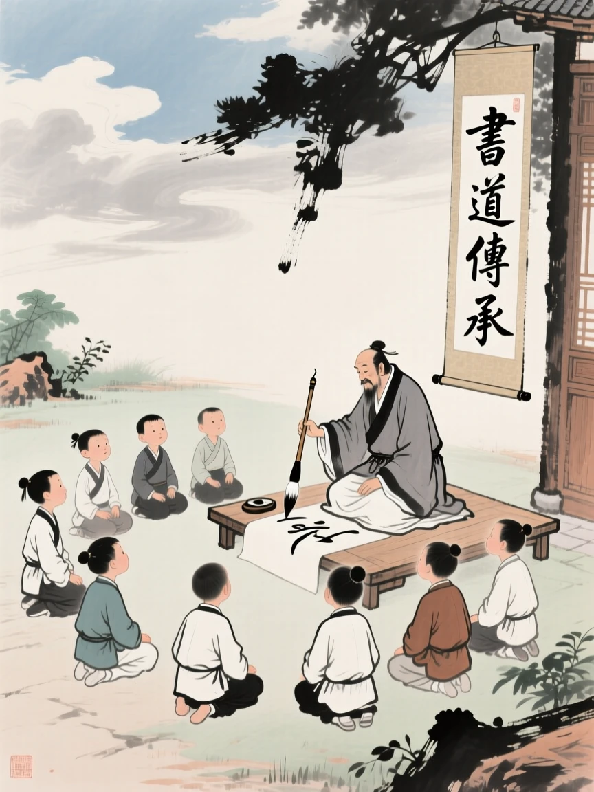 A calligraphy master demonstrating brushwork to a circle of young students, beneath low hanging clouds.