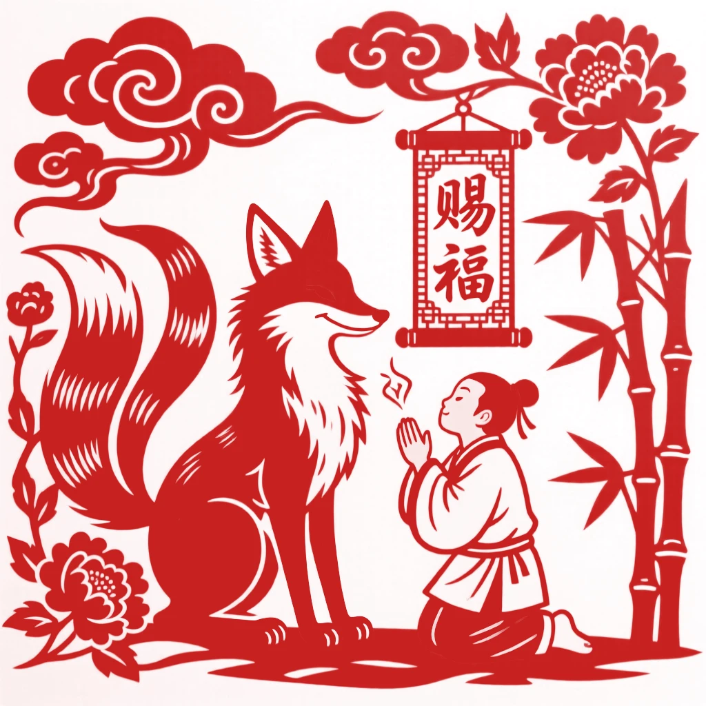 A fox spirit, granting a wish to a kneeling villager, beneath a sky filled with auspicious clouds.