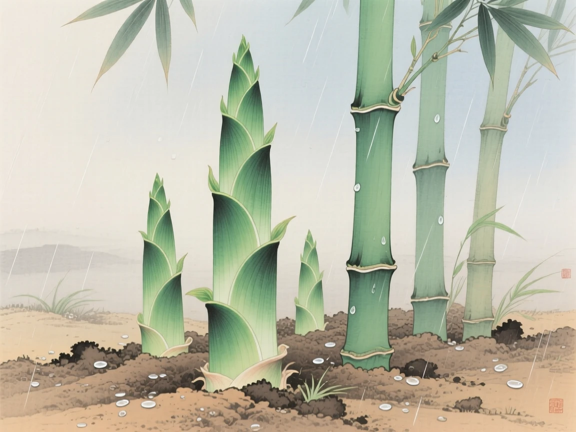 New green bamboo shoots pushing up through spring soil after rain