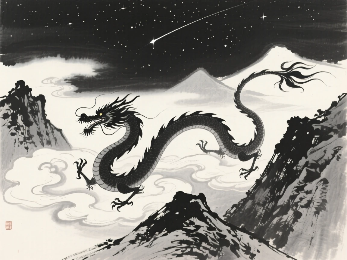 A cloud dragon weaving between mountain peaks over a vast, star-filled night sky, captured mid-motion with flowing, graceful lines, conveying graceful power and serene majesty.