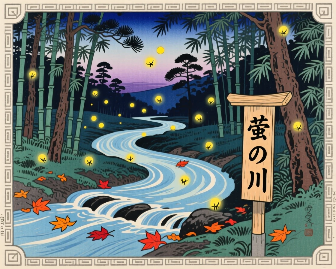 A winding forest stream, glowing softly with fireflies at dusk.