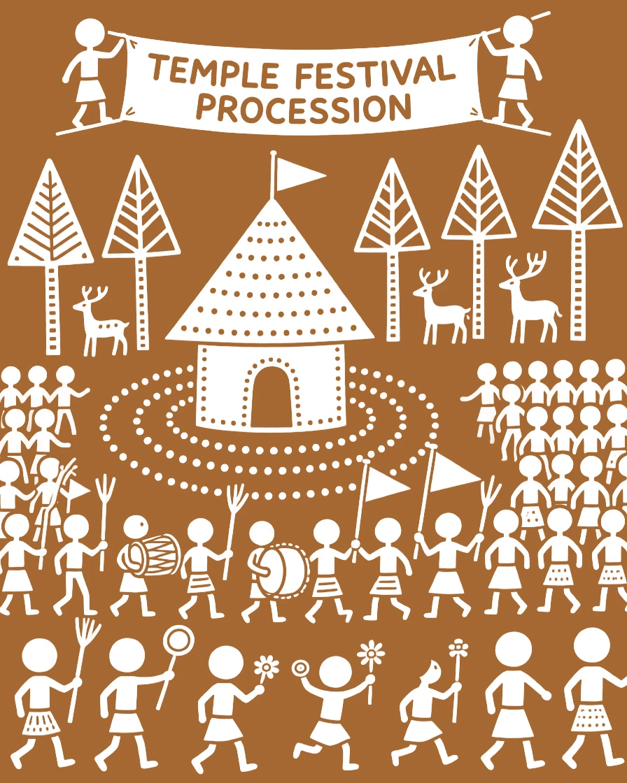 A temple procession celebrated as children run through the crowd with excitement.