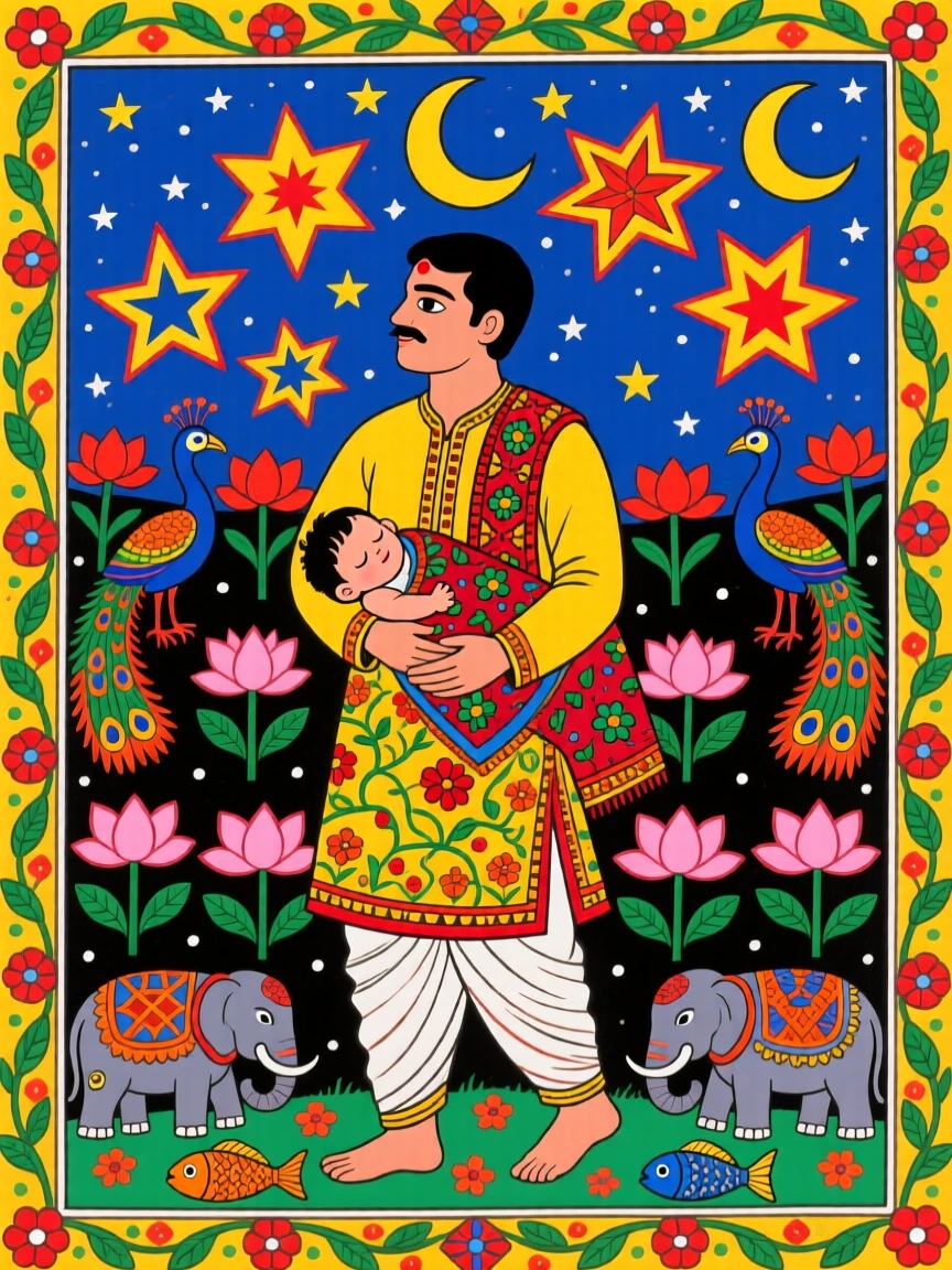 A father carrying his sleeping child home beneath a starlit sky.
