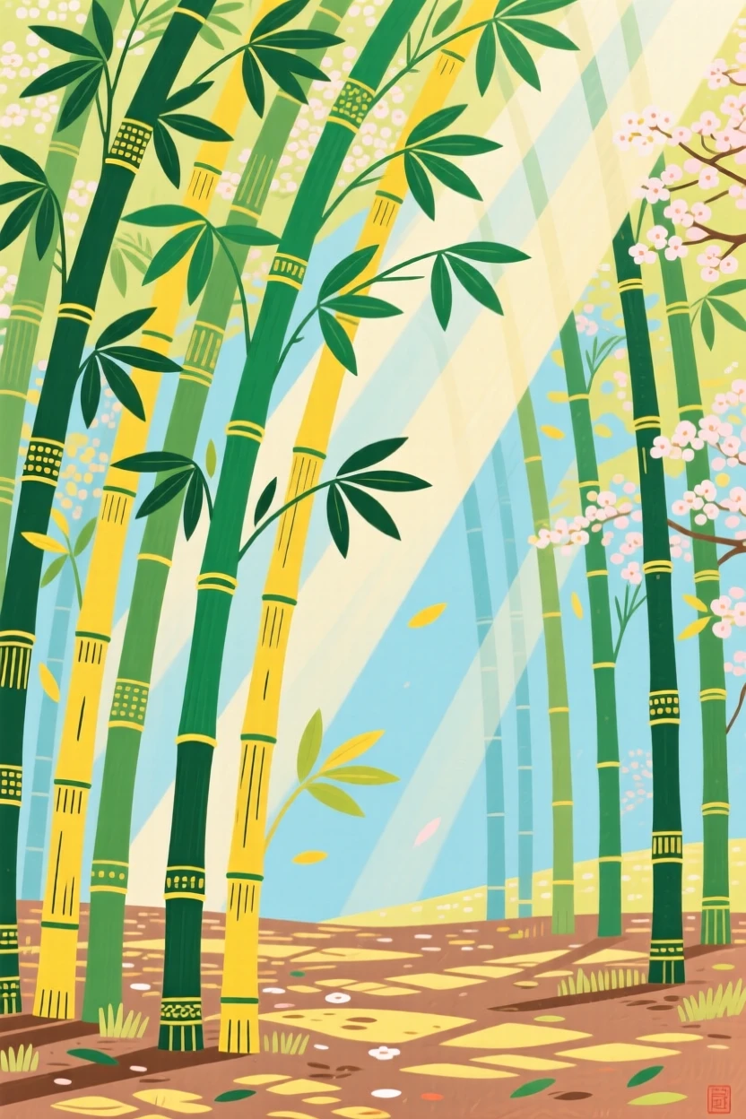 A sweeping view of a bamboo forest with light filtering through in the soft light of early spring.