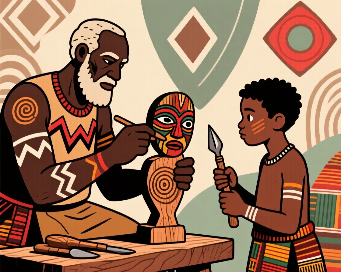 A master woodcarver passing knowledge to a younger apprentice.