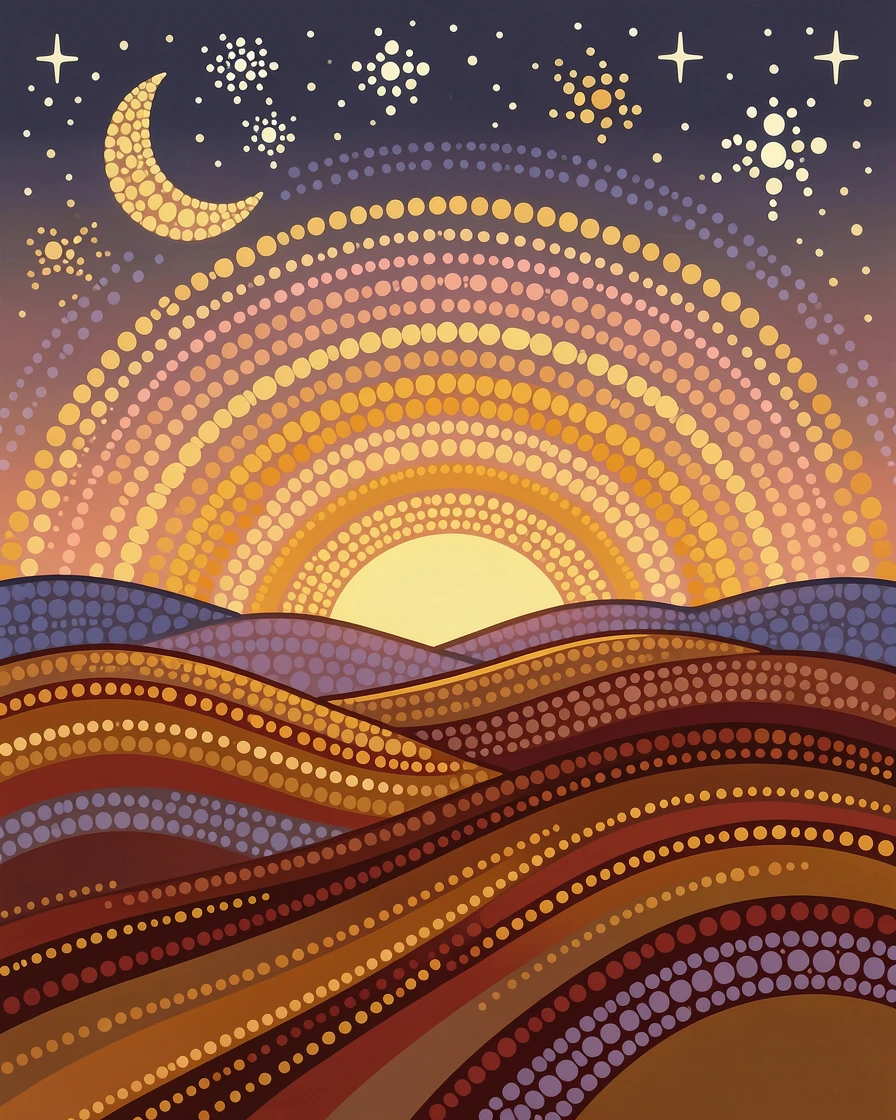 A starlit desert glowing at sunrise