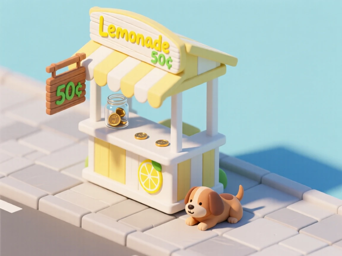 A children's lemonade stand set up on a sidewalk, a hand-painted sign, coins in a jar, and a dog resting in the shade beneath the table.