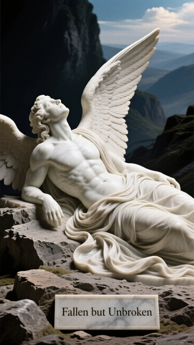 An epic scene of a fallen angel gazing up at a distant heaven, cloaked in flowing fabric that ripples in the wind, evoking myth and grandeur