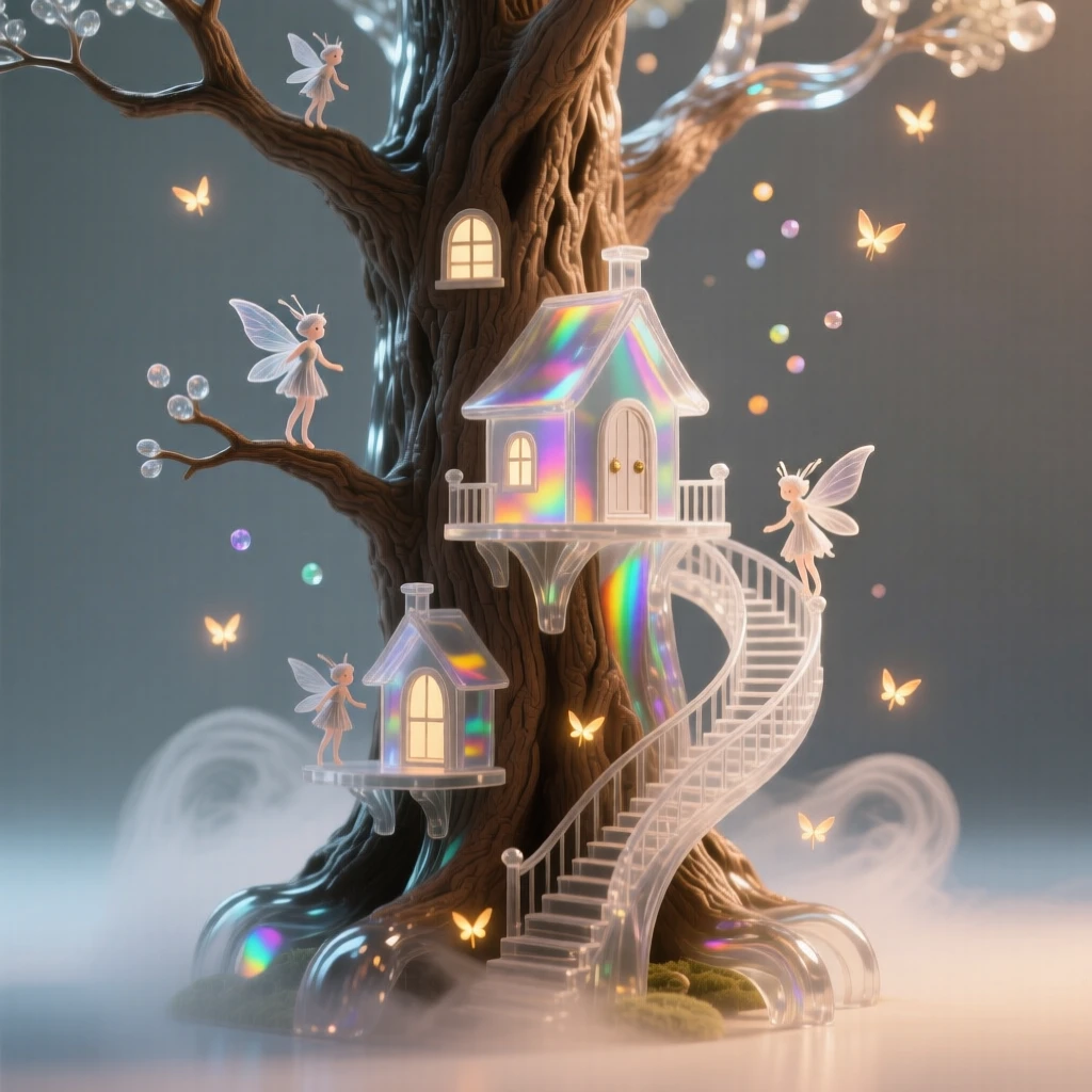 A tiny fairy village built into a tree trunk surrounded by softly glowing particles and gentle mist, wide cinematic composition, radiating magic and serenity.