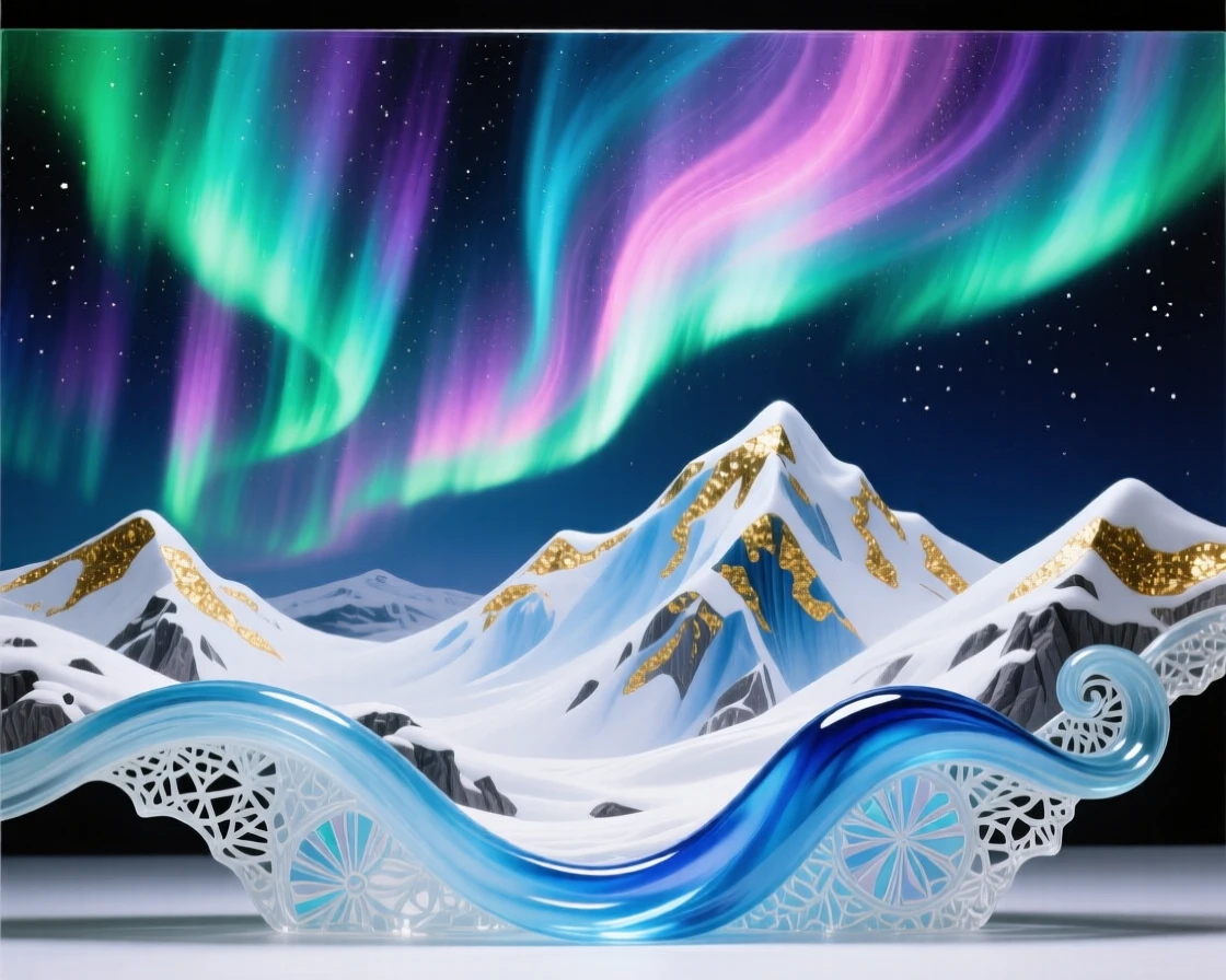 A dramatic aurora borealis dancing above a snow-covered mountain range, magical and awe-inspiring.