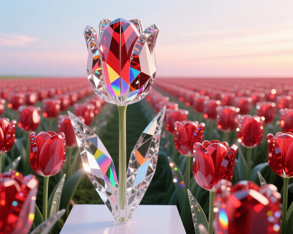 A field of red tulips arranged in perfect rows beneath a pastel dawn sky.