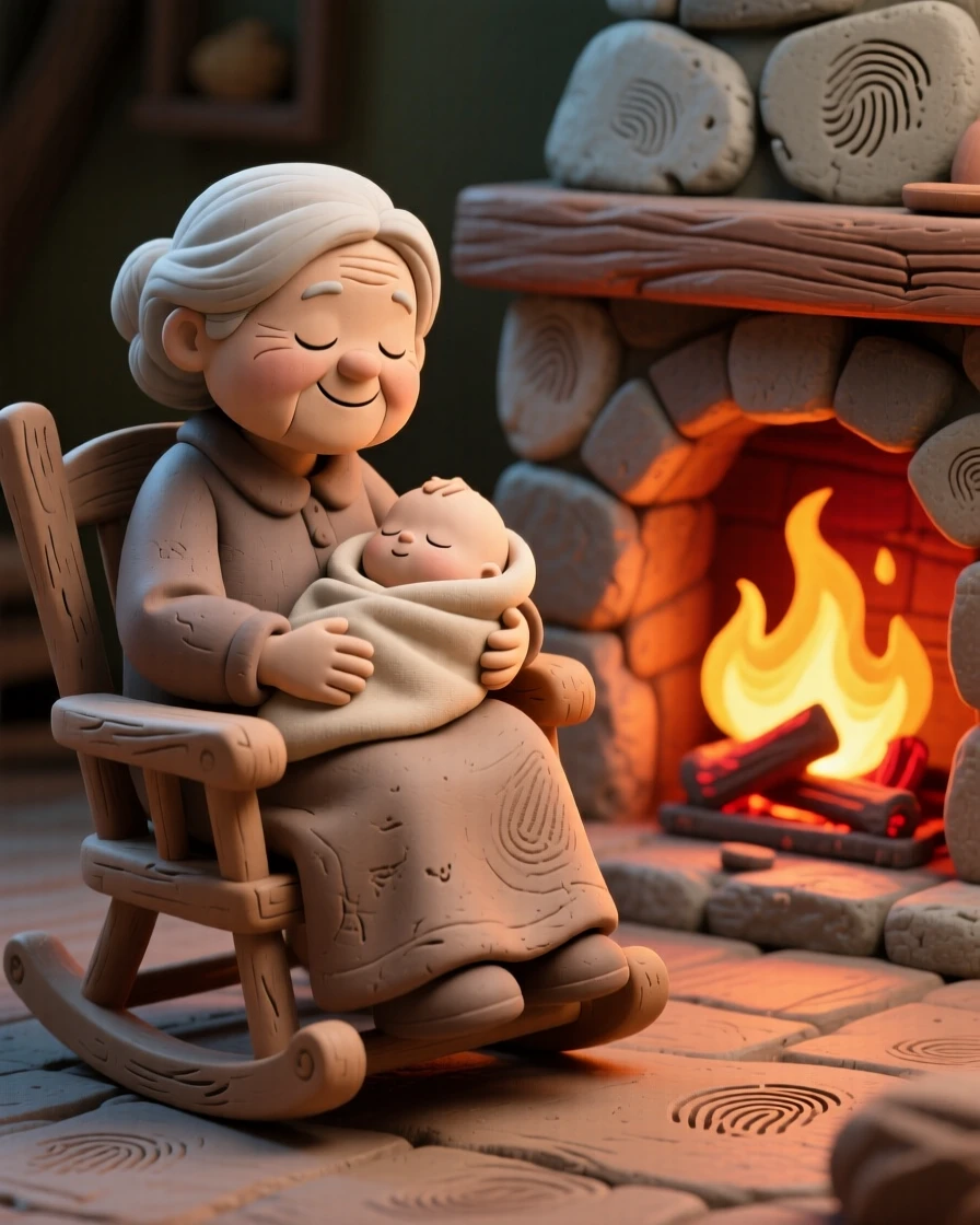 A grandmother rocking a sleeping infant beside a crackling fireplace
