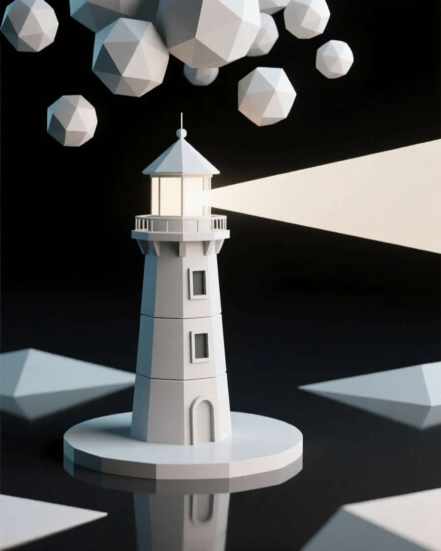 A lone lighthouse beaming light into a starry void, beneath a canopy of dreamlike floating light. reflections and light rays add a layer of visual depth. The scene feels vast, mysterious, and awe-inspiring.