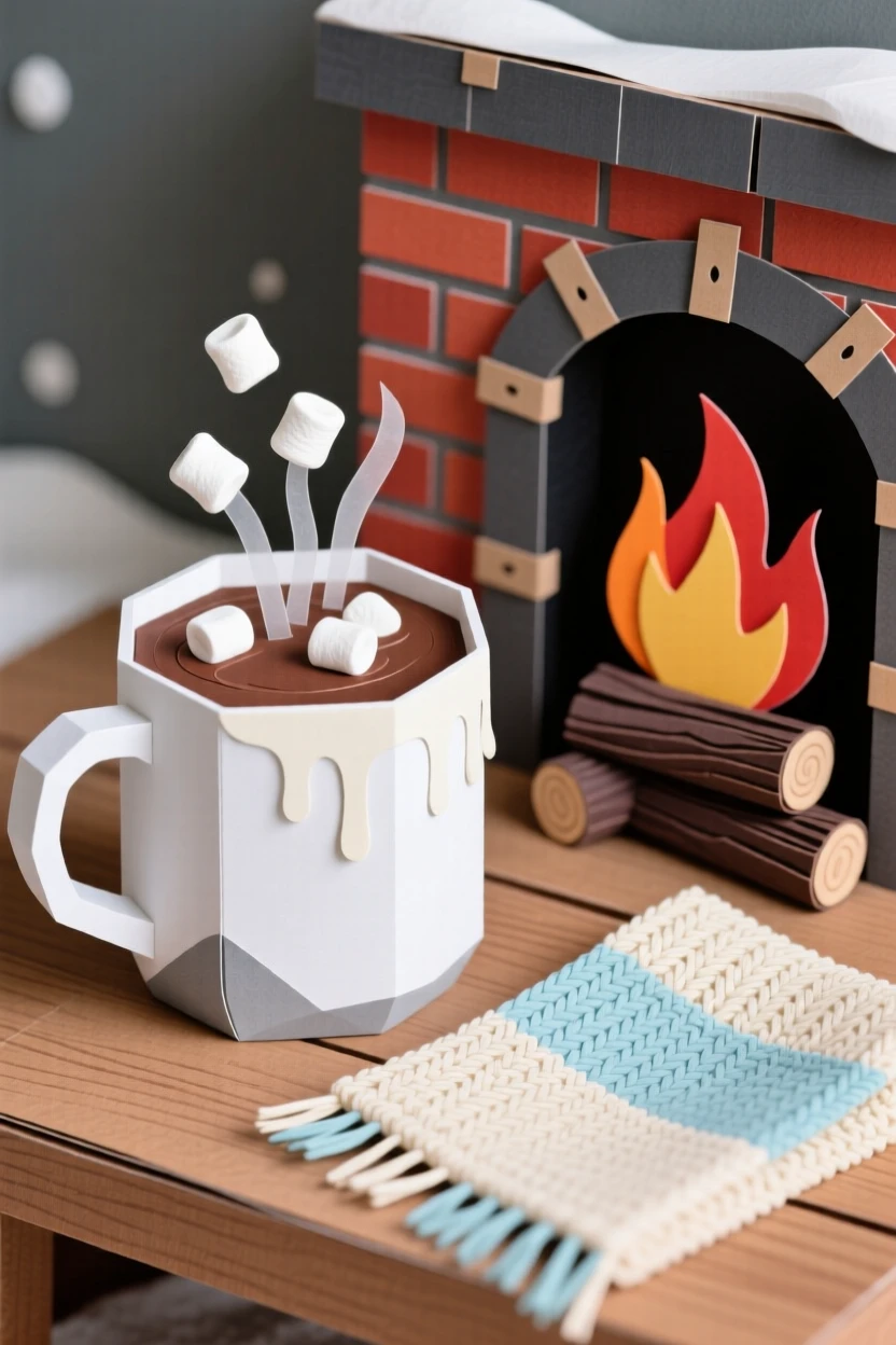 A cozy mug of hot chocolate topped with melting marshmallows beside a crackling fireplace, a knitted blanket draped nearby, evoking winter comfort.