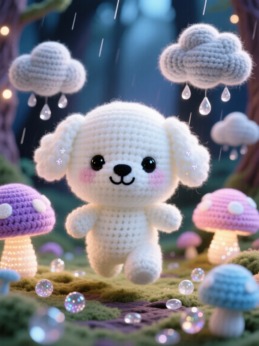 a round baby cloud puppy, made of soft white wisps, bounding playfully between rain clouds, within a glowing mushroom forest at twilight, near a scattering of shimmering dewdrops, radiating joyful mischief and sparkling delight.