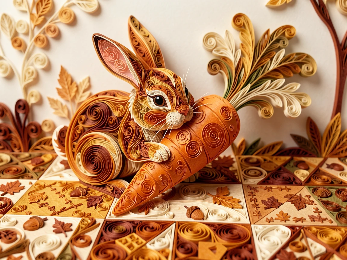 a bunny nibbling on a giant carrot twice its size on a quilted patchwork blanket in a backyard, in cozy autumn tones of amber and rust, with a shallow sense of depth drawing focus to the eyes.